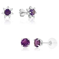 14k White Gold Amethyst and Diamond Flower Halo and Round Stud Earrings Set for Women with Push Backs | 4mm February Birthstone | Small 4mm Birthstone Earrings Stud Earrings for Women by MAX + STONE