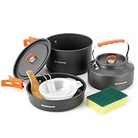 Odoland 10pcs Camping Cookware Camping Pots and Pans Set with Kettle Plastic Bowls and Soup Spoon for Camping, Backpacking, Outdoor Cooking and Picnic