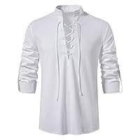 Mens Stand Collar T-Shirt Casual Lace-up V Neck Shirts Rolled Long Sleeve Plain T Shirt Slim-fit Pullover Tee Tops