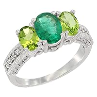 10K White Gold Diamond Natural Emerald Ring Oval 3-Stone with Peridot, Sizes 5-10
