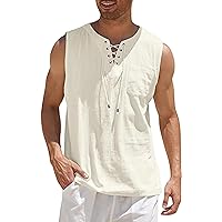 Men's Lace V Neck Sleeveless Summer Beach Tops Cotton Linen Tank Top Lace Up Casual Loose Henley Solid Shirts