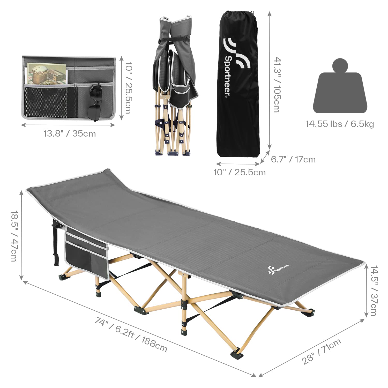 Sportneer Camping Cot, Cot Sleeping Cot 2 Side Pockets Camping Cots for Adults Portable Folding Kids Cots for Sleeping Extra Wide with Carry Bag Camping Beach BBQ Hiking Office