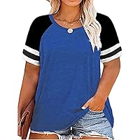 RITERA Women Plus Size Tops Summer Short Sleeve Crewround Neck Rgalan Colorblock Tunic Oversized Tshirt Oversized Casual Blouse Fashion Cute Shirts Loose Fit Henley Shirt Blue 3X 3XL 22W 24W