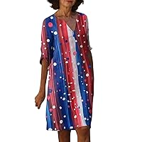 Womens Summer Trendy Vintage Print Dress Loose Half Sleeve V Neck Casual Dress Beach Vacation Party Midi Dress