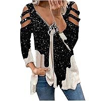 Long Sleeve Shirts for Women, Casual Loose Fit V Neck Zipper Tops Sexy Cold Shoulder Trendy Graphic Sweatshirts