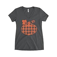 Threadrock Women's Plaid Pumpkin V-Neck T-Shirt
