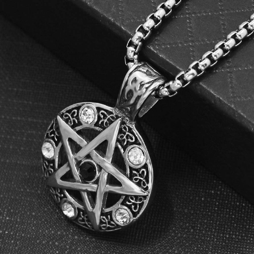 Stainless Steel Powerful Pentacle Necklaces Pentagram, Wicca Traditional Seal of Solomon Pendant, 23.5 Inch Curb Chain