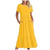 Womens Solid Summer Dress 2024 Casual Short Sleeve Ruffle A-Line Dresses Flowy Swing Pleated Long Beach Dress