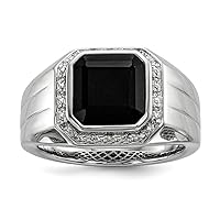 925 Sterling Silver Bezel Polished Prong set Diamond and Black Simulated Onyx Square Mens Ring Measures 14mm Wide Jewelry Gifts for Men - Ring Size Options: 10 11 9