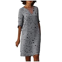 Mother's Day Short Sleeve Mini Dresses Female Modern Work Comfort Comfy Dress for Women V Neck Print Cotton Grey 3XL