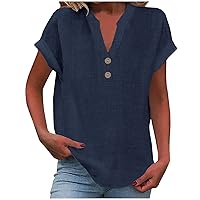 Women Linen Button Down Shirts Rolled Cuffed Short Sleeve Dressy Blouse Ladies Summer Casual V Neck Beach Cotton Tops