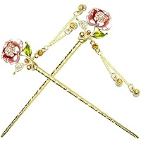 Fashion Hair Decor Chinese Traditional Style Hair Sticks Shawl Pins Picks Pics Forks for Women Girls Hair Accessory 6-inch with Enamel Flower Set of 2, Pink