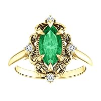 1 CT Vintage Inspired Marquise Emerald Engagement Ring 14K Yellow Gold, Victorian Natural Emerald Diamond Ring, Antique Green Emerald Ring, Wedding/Bridal Rings