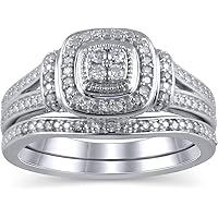 .925 Sterling Silver 1/6 Cttw Diamond Cushion Halo Split Shank Engagement Ring & Stackable Wedding Ring Bridal Set (J-K Color, I2-I3 Clarity)