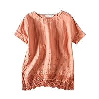 Minibee Women's Summer Linen Tunic Shirt High Low Hem Embroidery Blouse Top