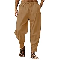 Mens Linen Cotton Drawstring Pants Elastic Waist Drawstring Casual Striped Trousers Trend Hippie Hip Hop Streetwear for Men