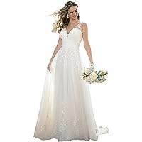 V-Neck Beach Wedding Dresses for Bride 2022 Summer Lace Tulle Bridal Gowns