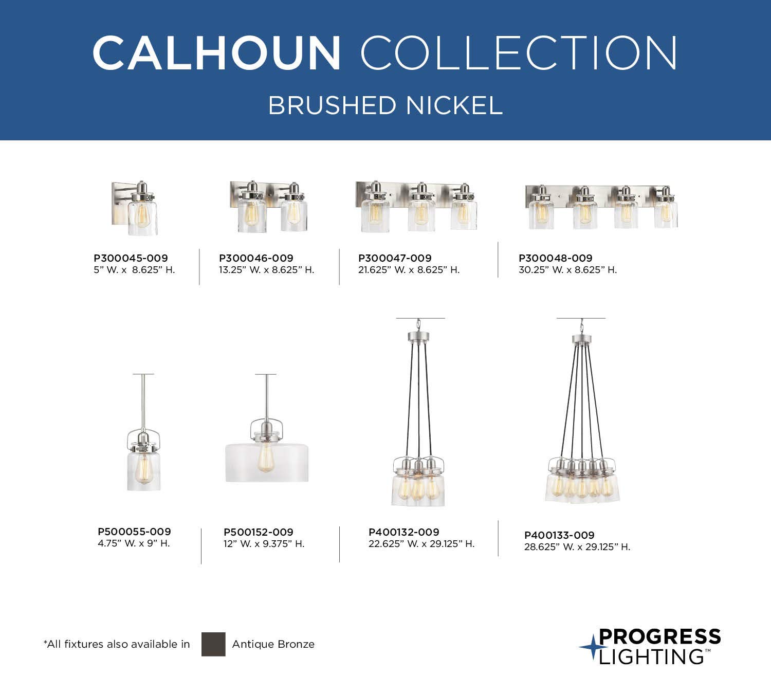 Calhoun Collection 3-Light Clear Glass Farmhouse Bath Vanity Light Brushed Nickel