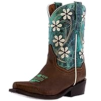 Kids Teal Brown Western Cowboy Boots Floral Embroidery Leather Snip