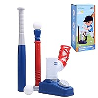 EagleStone 2 in 1 T Ball Set for Kids 3-5, Tee Ball Set for Toddlers with Step on Pitching Machine, Adjustable Batting Tee, Tball Bat and 6 Balls, Outdoor Baseball Christmas Toy Gift for Boys & Girls