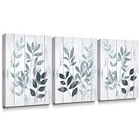 Blue Wall Art Rustic Canvas Paintings Vintage Leaf Art Prints Botanical Pictures Farmhouse Leaves Artwork Home Decor Stretched and Wrapped for Bathroom Living Room 12x16 Inch, 3 Panels