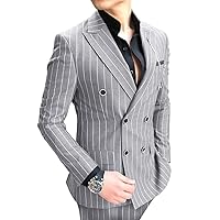 Men’s Jacket 2Pcs Casual Stripe Double Breasted Blazer Coats Lapel Groom Wear for Wedding（Coat+Pants）