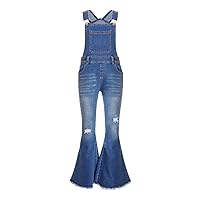 JEATHA Kids Girls Fashion Ripped Jeans Overalls Adjustable Straps Bib Pants Bell-Bottom Jumpsuit with Pockets