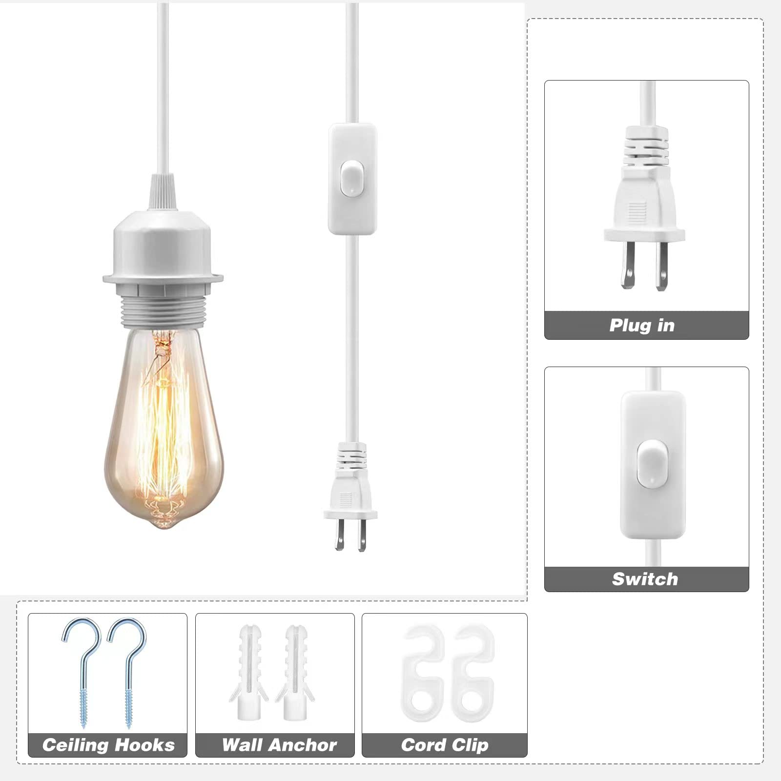 Plug in Hanging Light Kit, 15ft Pendant Light Cord On/Off Switch, E26 E27 Socket Lamp Cord, Pendant Lighting Fixture Hanging Lights with Plug in Cord, DIY Lamp Cord Kit