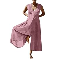 Ladies Wide Leg Summer Jumpsuit V Neck Sleeveless Rompers Solid Soft Linen Jumpsuits for Women Loose Fit Playsuit