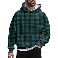 Men's Relaxed Fit Hoodie Vintage Checked Sweatshirts Fleece Hooded Pullover Plaid Print Hoody Casual Retro Sweater