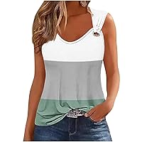 Women's Color Block Sleeveless Tank Tops Sexy Round Neck O Ring Camisole Shirts Summer Casual Loose Flowy Blouse