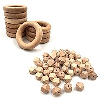10Pcs 50mm Natural Beech Wood Rings Bundle with 50Pcs 16mm Natural Geometric Polygon Beech Wood Beads