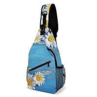 Chest Bag Sling Bag for Men Women Daisy Flowers Blue Wooden Sport Sling Backpack Lightweight Shoulder Bag for Travel