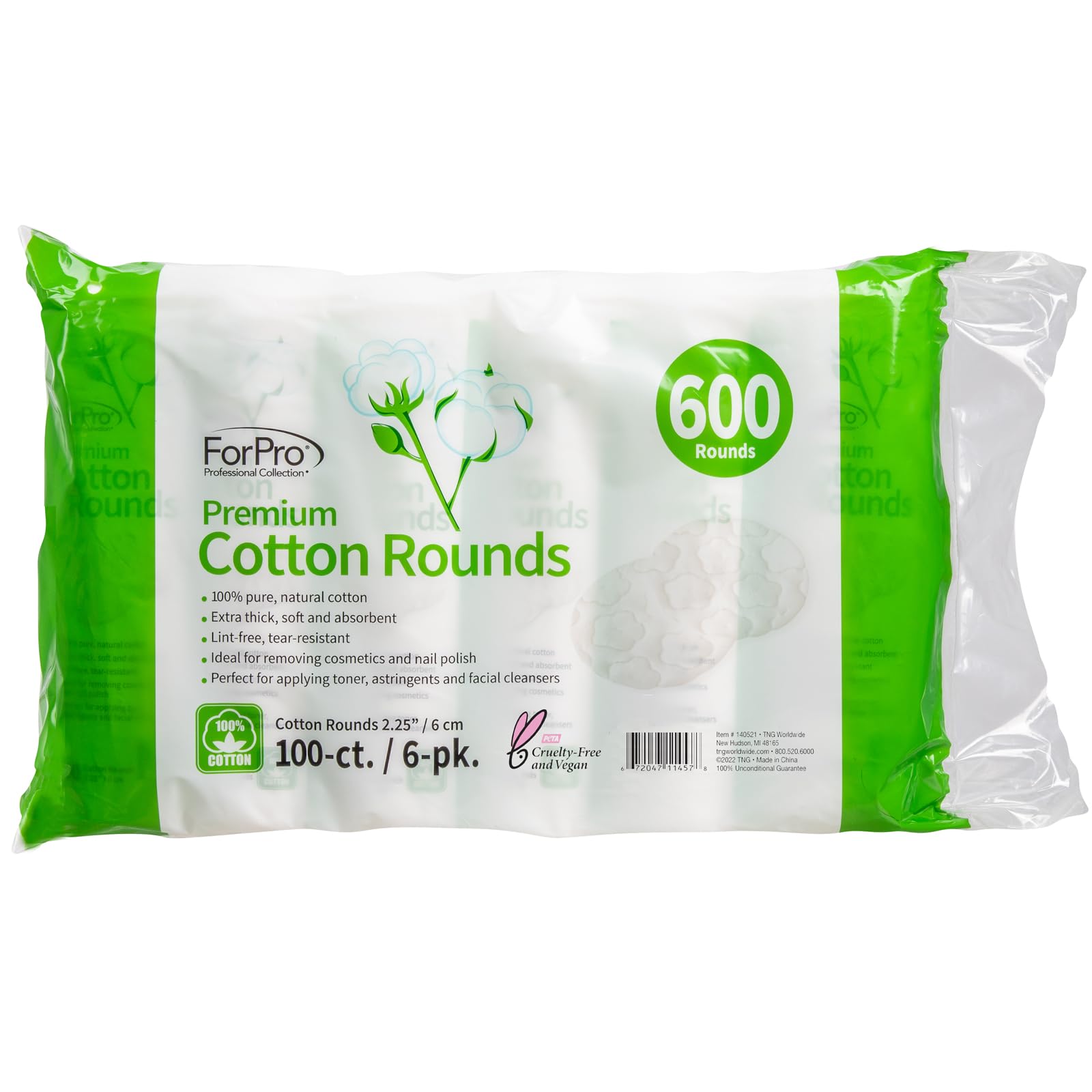 ForPro Premium Cotton Rounds, 100% Cotton, Non-Tearing, Lint-Free, for Cosmetic, Nail, and Personal Use, 2.25”, 600-Count (Pack of 6-100 Cotton Rounds)