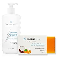 Clinical Body Odor Eliminator Bundle: Renewing Body Wash & Persimmon Soap Bar Set - Natural Deodorizing with Persimmon & Green Tea Extracts - Nonenal Elimination for Women & Men - 9.29 Fl oz Bod
