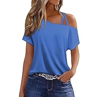 Womens Tops Criss-Cross One Shoulder Tops Sexy Cold Shoulder Shirts Summer T-Shirts Vacation Loose Casual Tees
