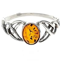 SilverAmber Jewellery - 925 Sterling Silver and Baltic Amber Celtic Knots Designer Ring - 7482