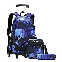 3Pcs Blue Geometric Rolling Backpacks for Boys Primary Middle School Bags Elementary Bookbags with 6 Wheels, with Crossbody Bag and Pencil Case