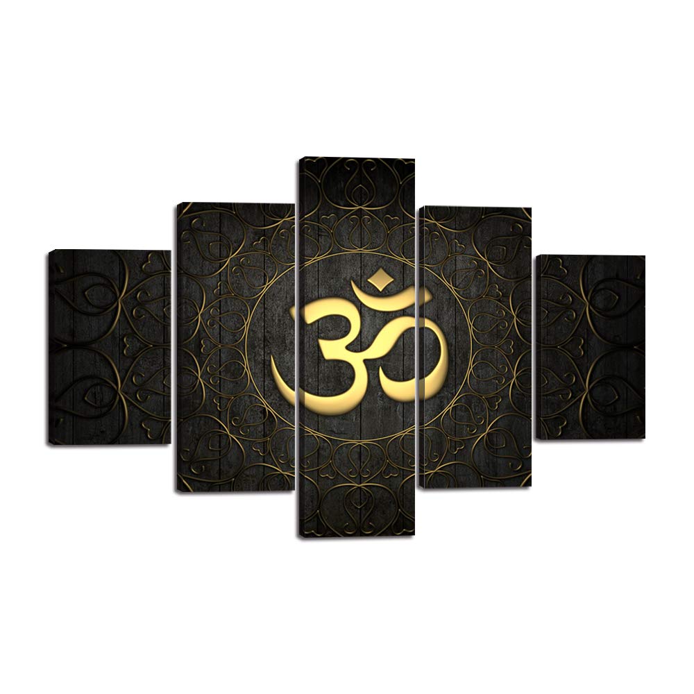 5 Pieces Buddha OM Yoga Symbol Canvas Painting Abstract Golden Pattern Wall Art Decor Black Ornate Indian Yoga Circle Prints Pictures for Living Ro...