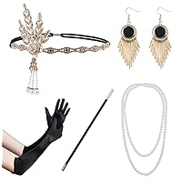 1920s-Great-Gatsby-Accessories Set Flapper-Headpiece-Headband Pearl Necklace Gloves Cigarette Holder