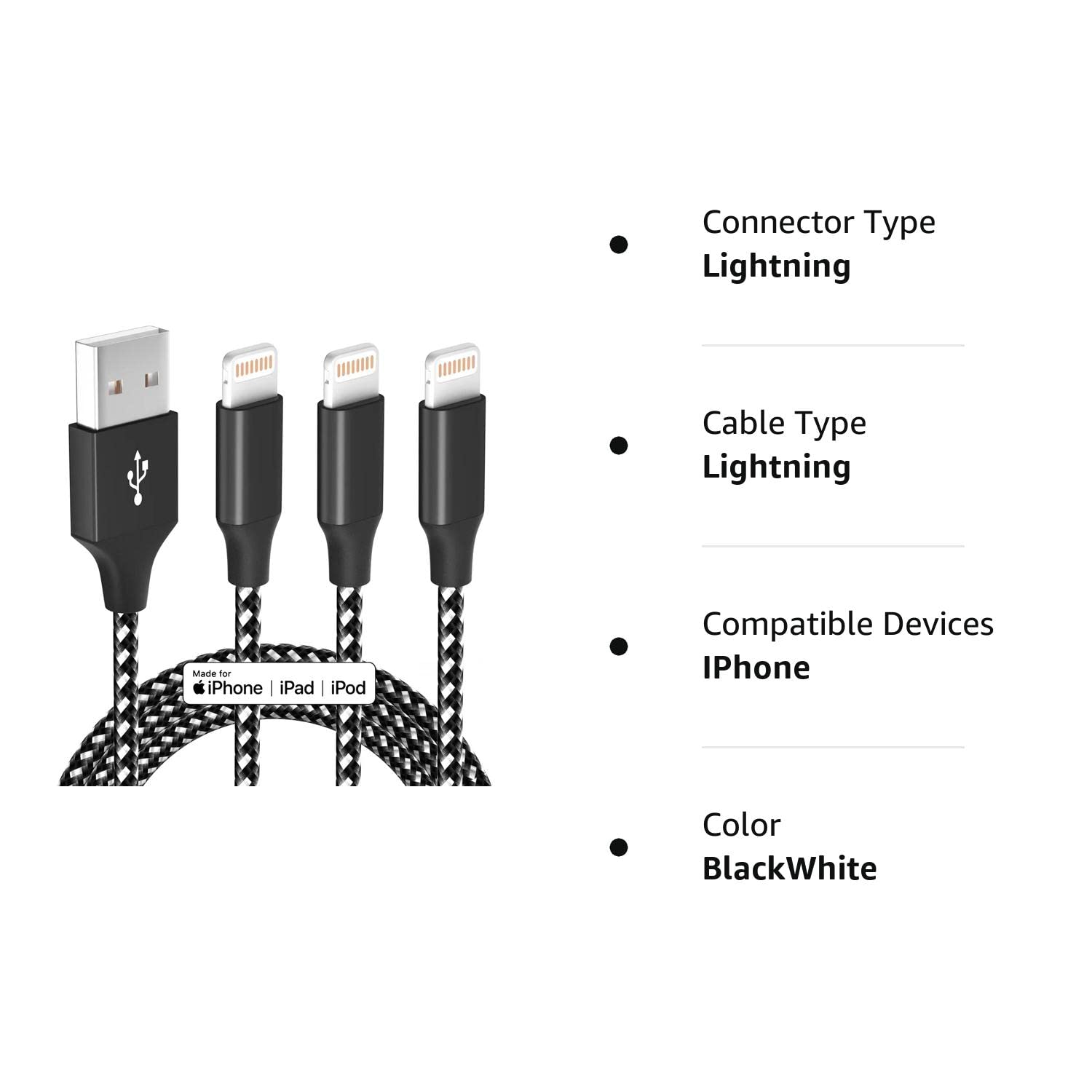 iPhone Charger Cable 3Pack 10 ft MFi Certified Lightning Cable Nylon Braided iPhone Cord Fast Charging Syncing Long Cord Compatible with iPhone 13 12 11 Pro XS Max XR X 8 and More (Blackwhite)