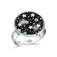 Watercolor Painting Stars Adjustable Rings for Women Girls, Stainless Steel Open Finger Rings Jewelry Gifts