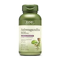 GNC Herbal Plus Ashwagandha 600mg, 60 Capsules, Supports a Healthy Response to Stress