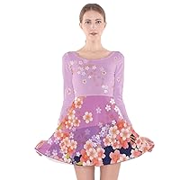 CowCow Womens Japanese Style Cherry Blossom Crane Floral Flowers Sakura Fuji Long Sleeve Velvet Skater Dress, XS-3XL