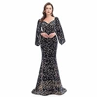 Women¡¯s Sexy Long Sleeves Mermaid Party Dress V Neck Sequins Lace Evening Gowns Formal Maxi Dress
