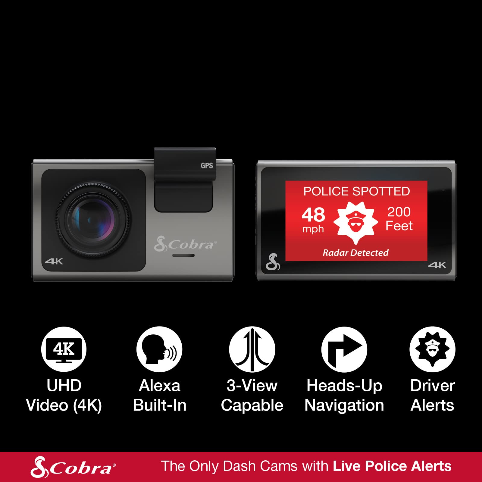 Cobra Smart Dash Cam (SC 400) – UHD 4K Resolution, Built-In Wi-Fi & GPS, Alexa Built-In, Live Police Alerts, Incident Reports, Emergency Mayday, Drive Smarter App, 3