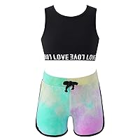 ACSUSS 2PCS Infant Baby Girls Athletic Outfits Round Neck Letter Print Underbust Tank Tops + Tie Dye Cycling Shorts