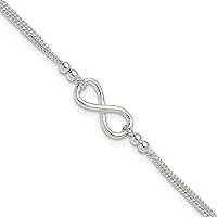 Sterling Silver 2-Strand Beaded Infinity Symbol w/ 1in ext. Anklet
