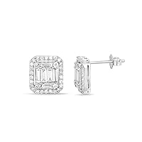 18k White Gold 1.00 Carat T.W. Round and Baguette Natural Diamond Emerald Cut Stud Earrings Diamond Halo Push Back Stud Earrings for Women Girls Jewelry Gift For Her G-H Color, SI1-SI2 Clarity