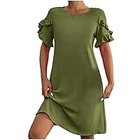 Womens Summer Dress 2024 Casual Short Sleeve A-Line Mini Dress Loose Crew Neck Beach Sundress with Pockets